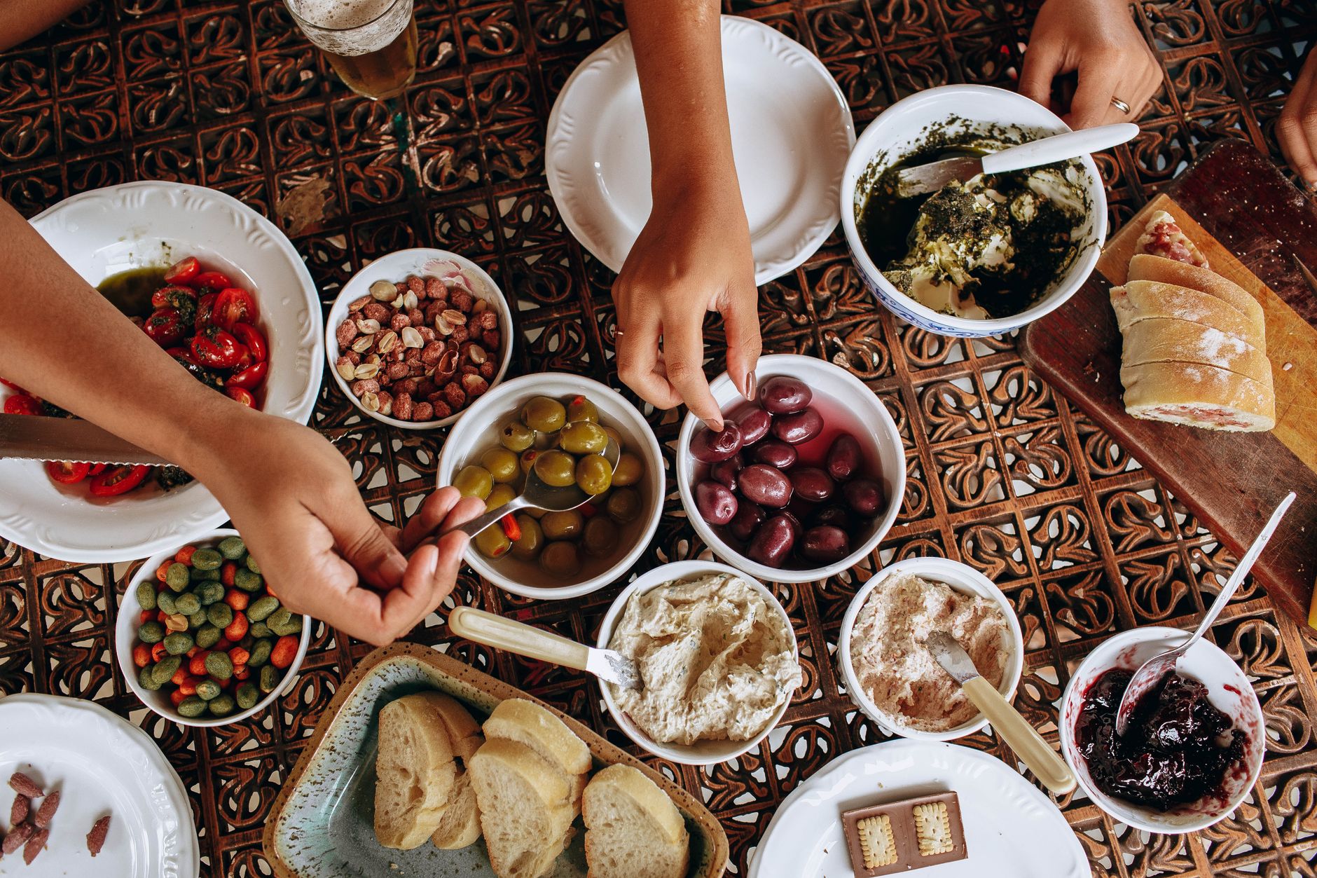 Tuscan stone kitchen with fresh olive oil, tomatoes, and artisan bread